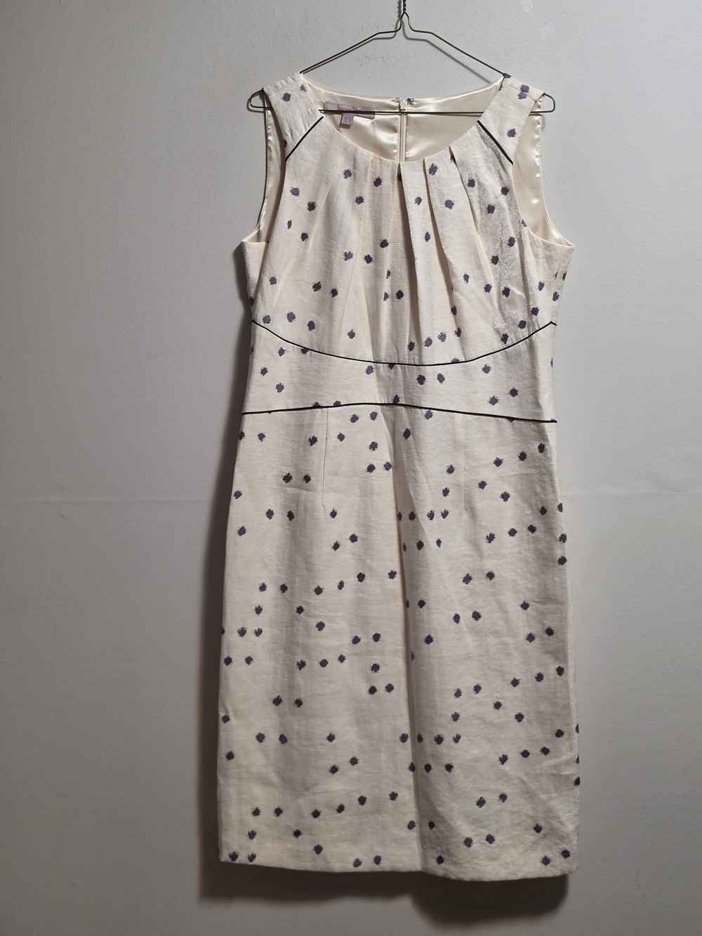 Sleeveless Shimmer Cream Midi Dress with Purple Dot Print